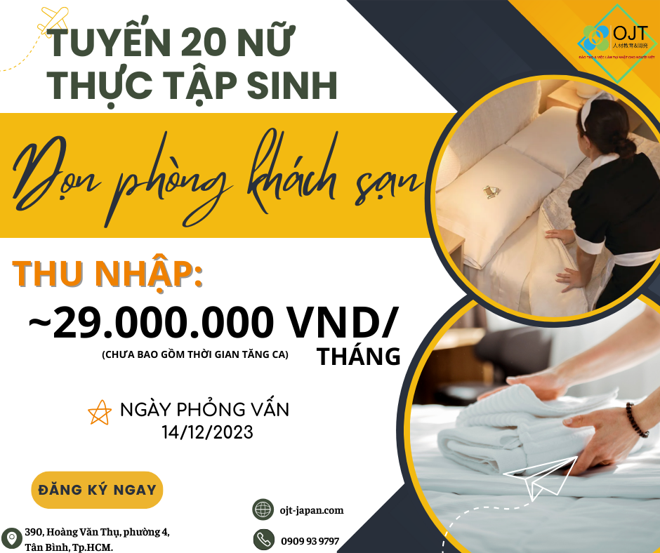 TUYỂN 20 NỮ THỰC TẬP SINH DỌN PHÒNG KHÁCH SẠN  - OSAKA NHẬT BẢN